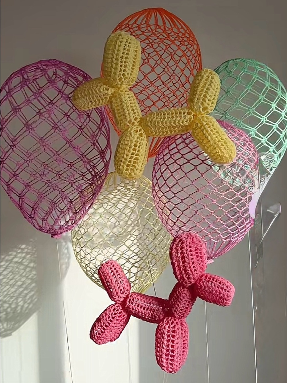 Handmade Crochet Balloon Dog Toy Set - Pink & Yellow